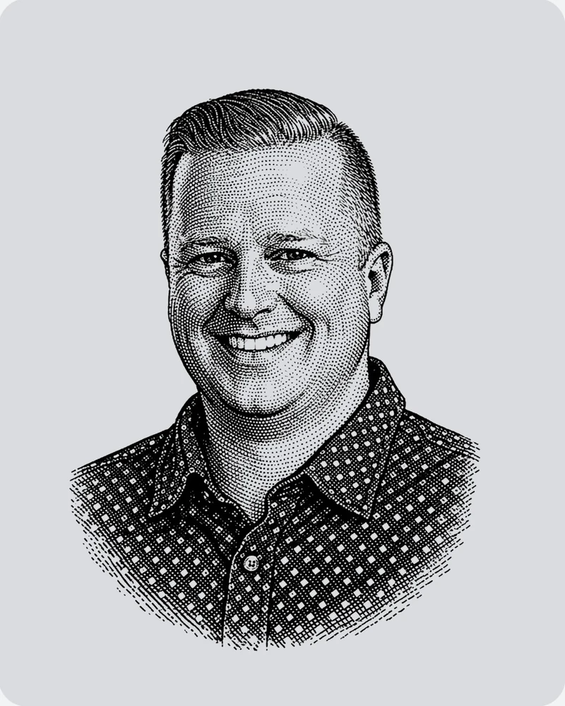 Engraved-style portrait of Jim Tyler